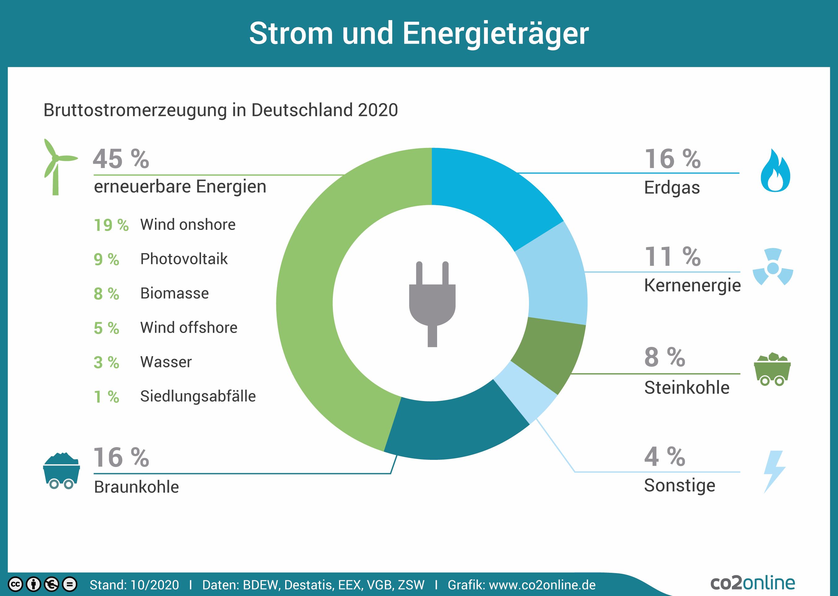 Im Jahr 2020 wurden 45 Prozent des Stroms durch erneuerbare Energien erzeugt, darunter fallen Wind, Biomasse, Photovoltaik und Wasser. Braunkohle hat einen Anteil von 16 Prozent an der Stromerzeugung, Steinkohle hat 8 Prozent, Erdgas 16 Prozent und Kernenergie 11 Prozent.